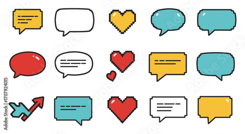 chat bubbles hearts arrows in pixel art style communication