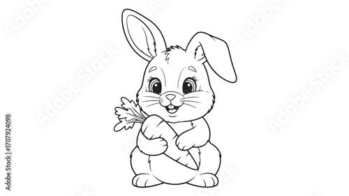 Cute Bunny Rabbit with Carrot - Line Art Coloring Page