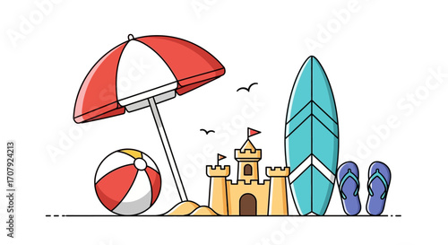 Beach scene with umbrella, ball, sandcastle, surfboard, and flip flops.