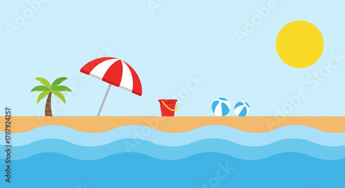 Beach scene with umbrella, bucket, and beach balls.