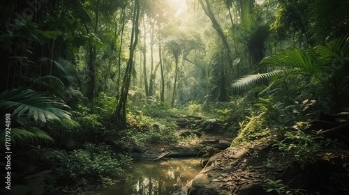 Fototapeta Naklejka Na Ścianę i Meble -  Lush jungle scene, sunlight filtering through dense foliage