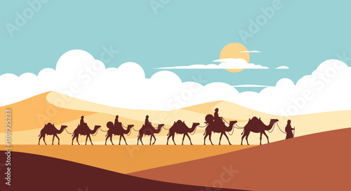 Caravan of camels walking through desert dunes under the sun.