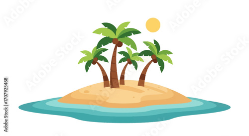 Cartoon illustration of a deserted tropical island with palm trees.