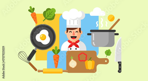 Chef preparing food with various kitchen tools and ingredients.