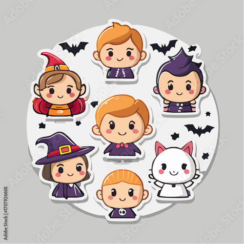 Cute Kawaii Halloween Characters with Bats, Spooky and Adorable Icons for Spooky Season Fun