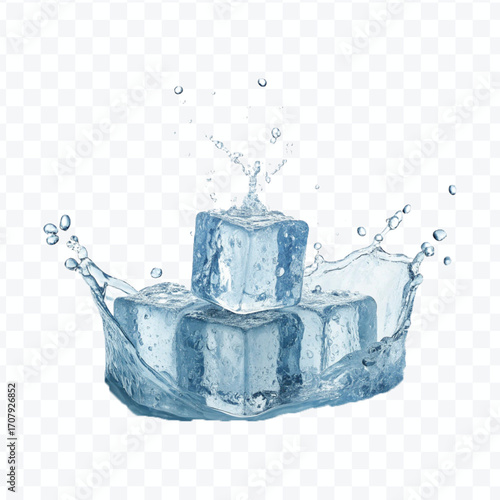 realistic 3d smooth ice cubes into water splash in  different style isolated on transparent background