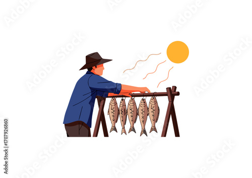 fisherman drying fish under the sun