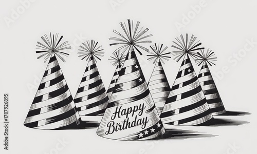 Black and White Happy Birthday Party Hats with Stripes and Star Patterns for Celebration