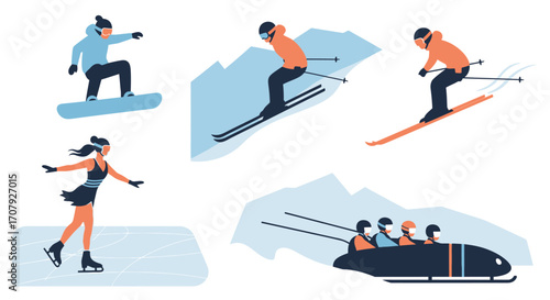 Collection of people participating in various winter sports activities.