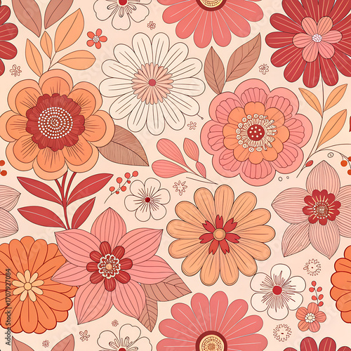 Seamless vintage floral pattern with pink roses and leaves, a decorative textile design