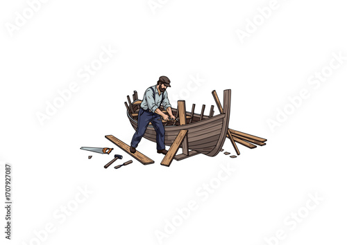 fisherman building wooden boat by hand
