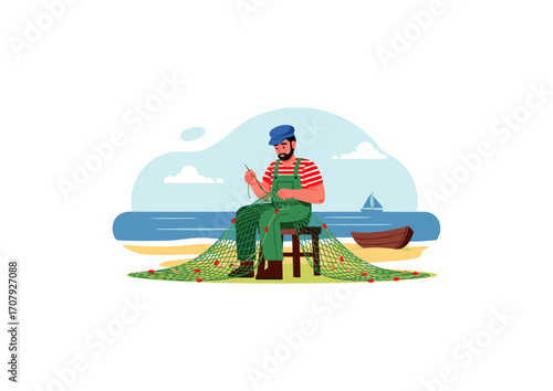 man repairing fishing nets