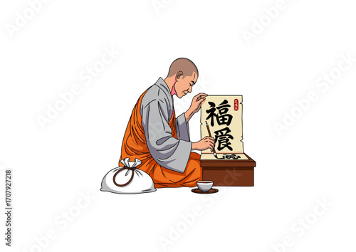 monk writing calligraphy with brush