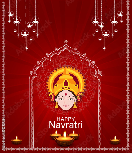 Goddess Durga Face in Happy Durga Puja Subh Navratri Indian religious header banner festival background 2025