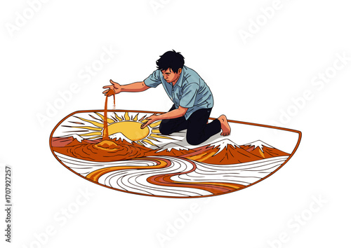 man performing sand art on the ground