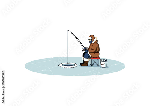 fisherman ice fishing in frozen lake