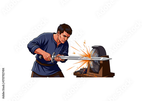 man sharpening a sword with a grinding wheel