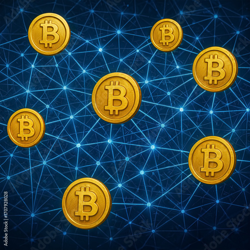 Several golden bitcoin coins float against a glowing blue digital network background. The image symbolizes cryptocurrency, blockchain technology, modern finance, decentralized transactions, and the fu