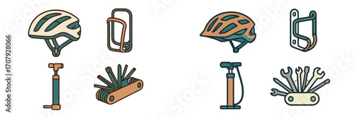 Essential cycling gear and repair tools including protective helmets, water bottle holders, air pumps, and compact multi-tools