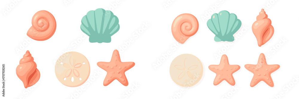 Obraz premium Assortment of pastel colored seashells, spiral shells, sand dollar, and starfish for ocean themed designs