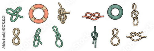 Assortment of classic nautical rope knots and lifebuoys, hand-drawn in an antique engraved style, perfect for maritime themes and designs