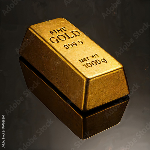 A bright gold bar labeled with its purity and weight rests on a reflective dark surface. The gleaming metal symbolizes wealth, financial stability, and the timeless value of precious assets and luxury