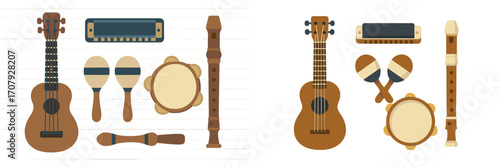 Stylized collection of various musical instruments featuring a ukulele, harmonica, maracas, tambourine, and recorder