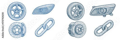 Technical blueprint style set of automotive wheels, headlights, brake discs, and industrial chain links