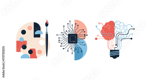 Creative thinking and artificial intelligence concepts represented by art palette and brain lightbulb.