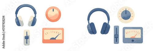Set of audio equipment icons with headphones, volume knob, equalizer slider, and sound level meter