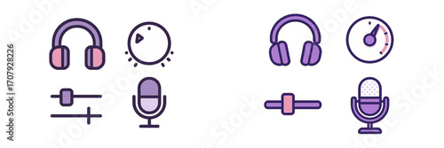 Set of modern audio equipment icons featuring headphones, microphone, sound equalizer, and music player controls