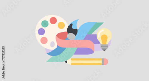 Creative tools and artistic inspiration with a palette, brush, pencil, and lightbulb.