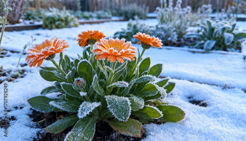 Vibrant orange calendula flower covered with fresh morning frost in the first snow. Concept of resilience, cold weather, winter garden, nature's beauty and medicinal plants.