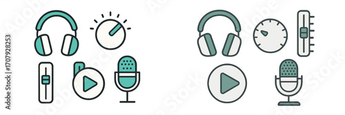 Audio recording and playback equipment with headphones, microphone, volume knob, fader, and play button for sound production and music