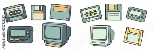 Collection of vintage electronic devices and retro computer storage media from the 1980s and 1990s era, including cassette tapes, floppy disks, and CRT monitors