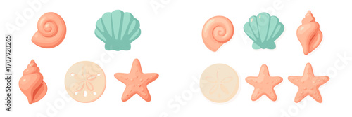 Assortment of pastel colored seashells, spiral shells, sand dollar, and starfish for ocean themed designs