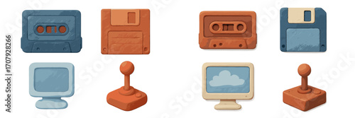 Stylized retro technology collection with floppy disks cassette tapes vintage monitors and classic joysticks