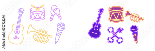 Vibrant neon glow musical instruments and keys with modern graphic outlines for music and entertainment design