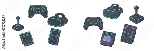 Assortment of modern and retro video game controllers, virtual reality headsets, and handheld gaming devices