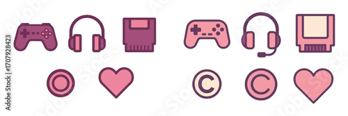 Modern flat design collection of gaming controllers, headphones, cartridges, hearts, and copyright symbols