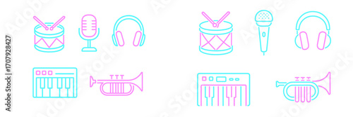 Vibrant neon outline icons of musical instruments and audio equipment for sound production, recording, and entertainment design