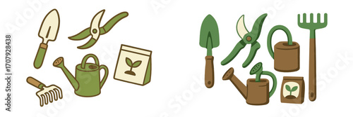 Essential gardening tools and planting supplies for spring season activities and horticulture projects