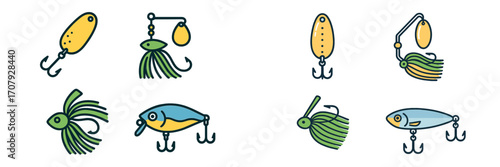 Collection of various fishing lures and artificial baits including spoons, jigs, and crankbaits for angling
