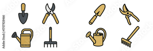Essential gardening tools such as trowel, pruning shears, watering can, and rake for home garden care