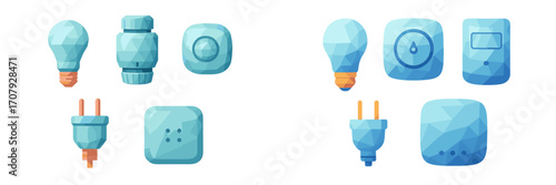 Smart home technology devices set with light bulbs, thermostats, and plugs for modern automation systems