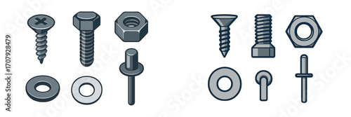 Set of essential metal fasteners for construction and DIY projects featuring various screws, bolts, nuts, washers, and rivets