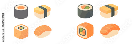 Collection of various traditional Japanese sushi and maki rolls including nigiri and uramaki in isometric view