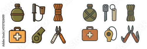 Collection of essential camping and survival gear icons including canteen, rope, first aid kit, whistle, and multi-tool