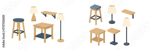 Isometric home furniture collection featuring modern stools, side tables, and floor lamps for contemporary interior design elements