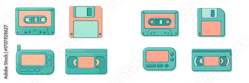 Collection of retro electronic media and communication devices including audio cassettes, floppy disks, and VHS tapes